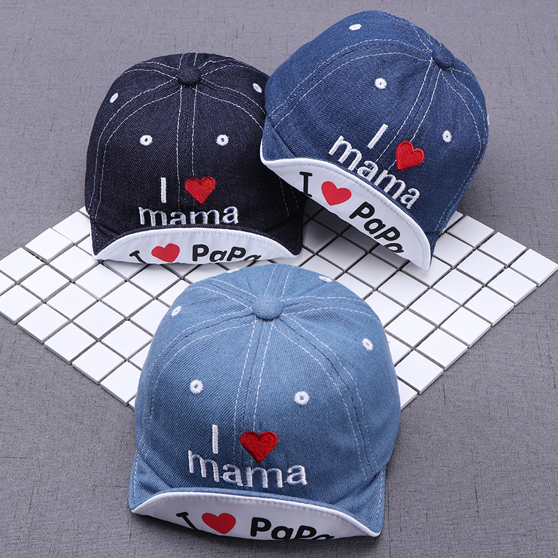 韓版新款牛仔兒童帽子 PAMA刺繡嬰兒太陽帽印花愛心寶寶遮陽帽