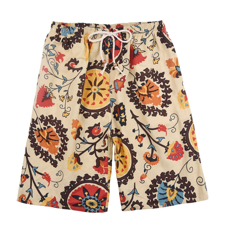 Summer new cotton and linen printed five-point men's beach pants casual sports loose plus size shorts men's thin fashion