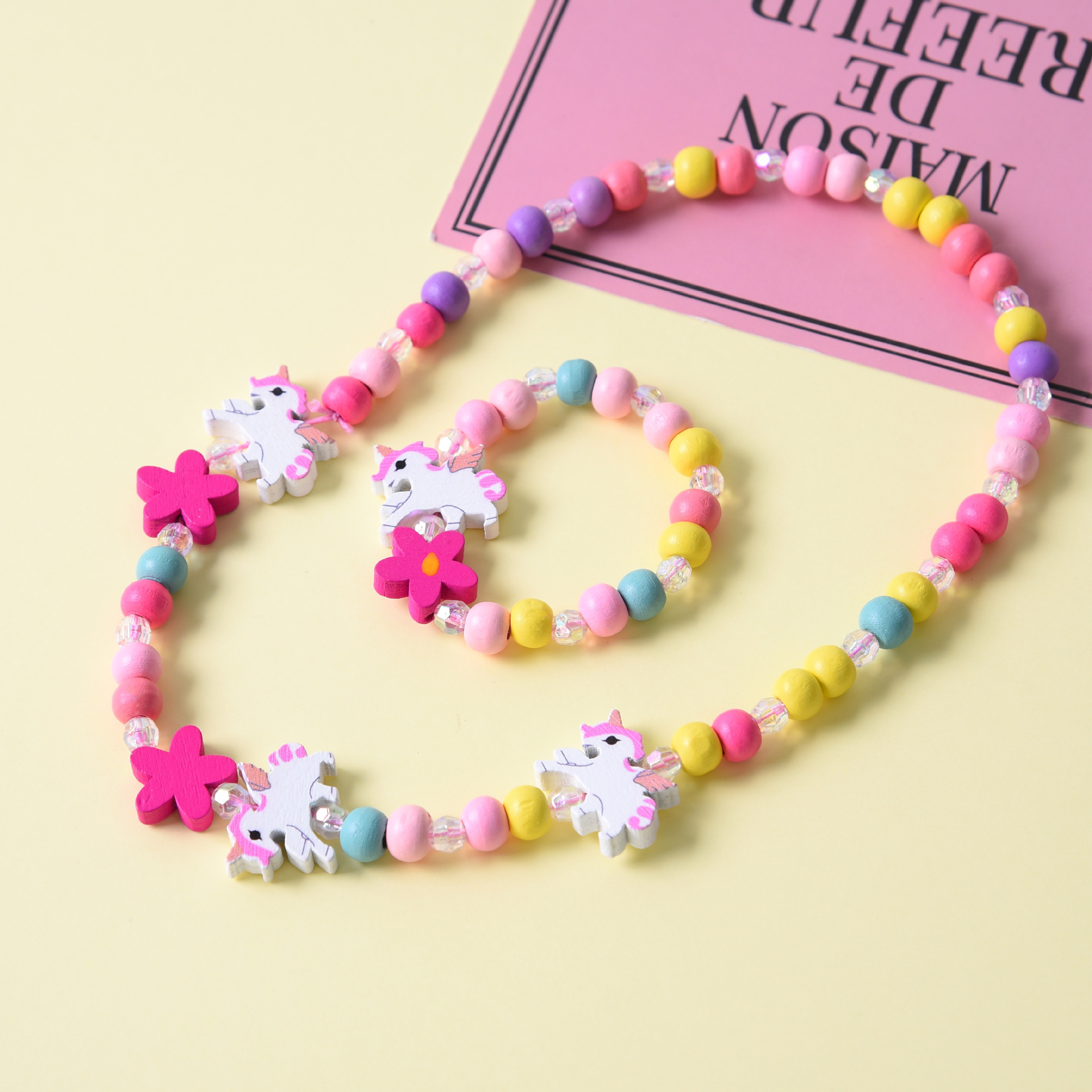 Children's Wooden Hand Beaded Bracelet Candy Color Cartoon Shape Color Bracelet Necklace Set Factory Direct Supply
