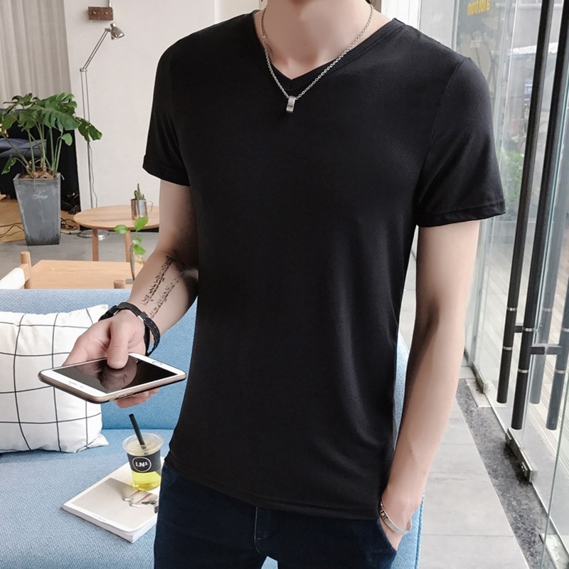 2022 Summer Korean Style Men's Pure White T-shirt Men's Short-sleeved Solid Color Round Neck Slim-fit T-shirt Base Shirt Half-sleeve Trendy