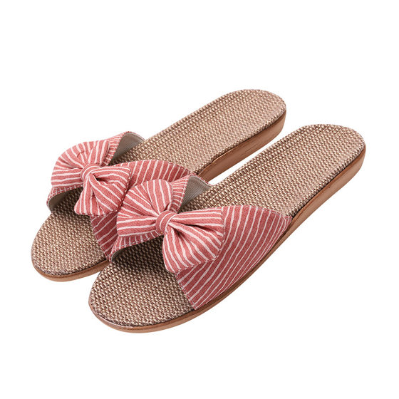 Factory Spot Open Toe eva Cotton Linen Slippers Japanese Linen Slippers Striped Bow Women's Home Indoor Summer