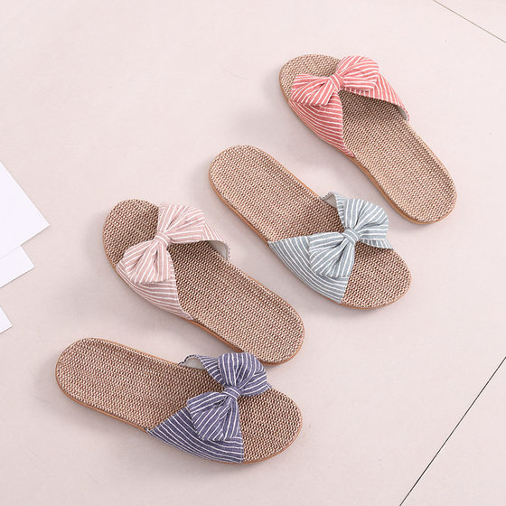 Factory Spot Open Toe eva Cotton Linen Slippers Japanese Linen Slippers Striped Bow Women's Home Indoor Summer