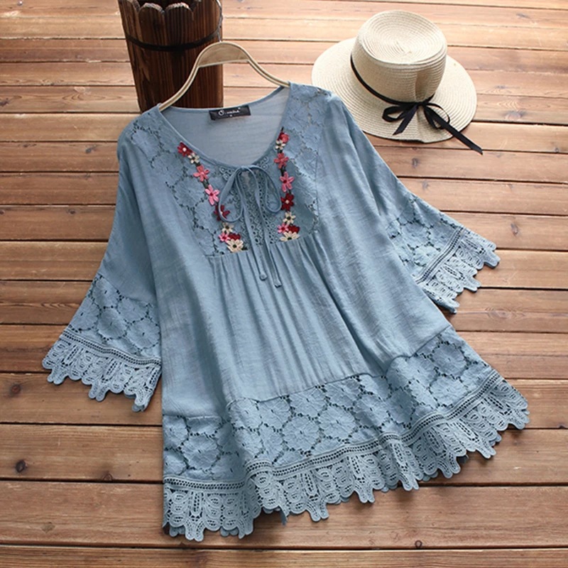 New 2022 summer Amazon cotton and linen stitching lace elegant European and American V-neck loose women's top