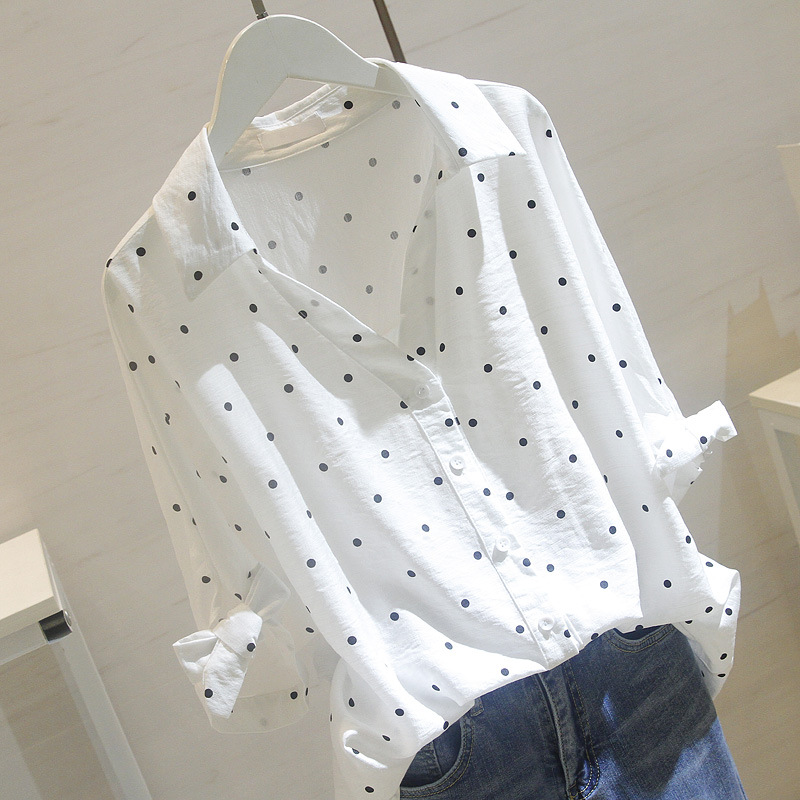With Cotton 85% 2024 Summer Korean Style White Polar Dot Shirt Women's Wear Mid-Sleeve Loose Casual Cotton Linen V-Neck Shirt