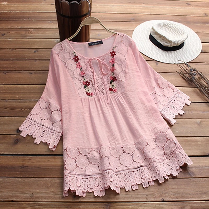 New 2022 summer Amazon cotton and linen stitching lace elegant European and American V-neck loose women's top