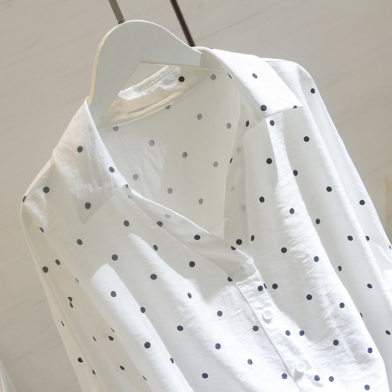 With Cotton 85% 2024 Summer Korean Style White Polar Dot Shirt Women's Wear Mid-Sleeve Loose Casual Cotton Linen V-Neck Shirt