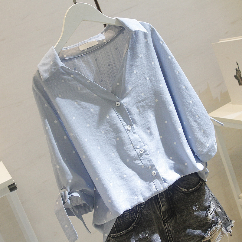 With Cotton 85% 2024 Summer Korean Style White Polar Dot Shirt Women's Wear Mid-Sleeve Loose Casual Cotton Linen V-Neck Shirt