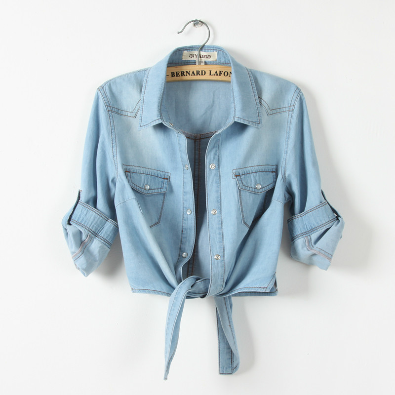 Pastoral Summer Mid-Sleeve Denim Wasp Short Coat Women's Extra Large Size Wasp Washed Shirt