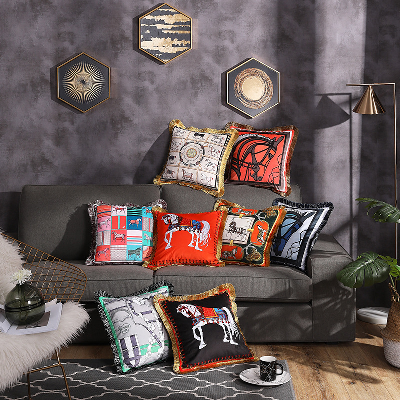 High-end European-style Digital Printing Tassel Cushion Living Room Bedside Office Model Room Car Decoration Pillow