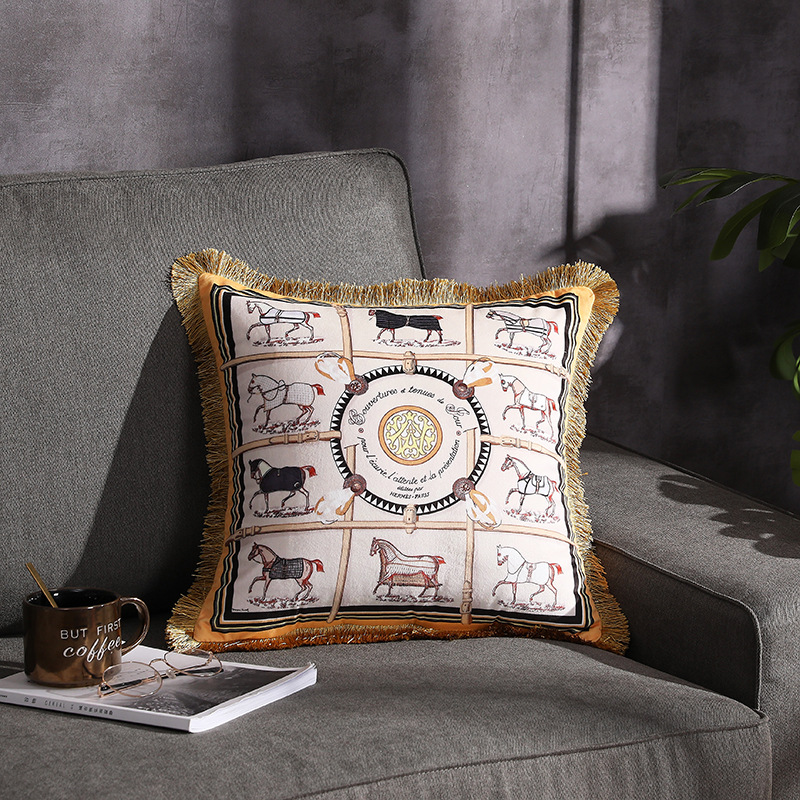 High-end European-style Digital Printing Tassel Cushion Living Room Bedside Office Model Room Car Decoration Pillow