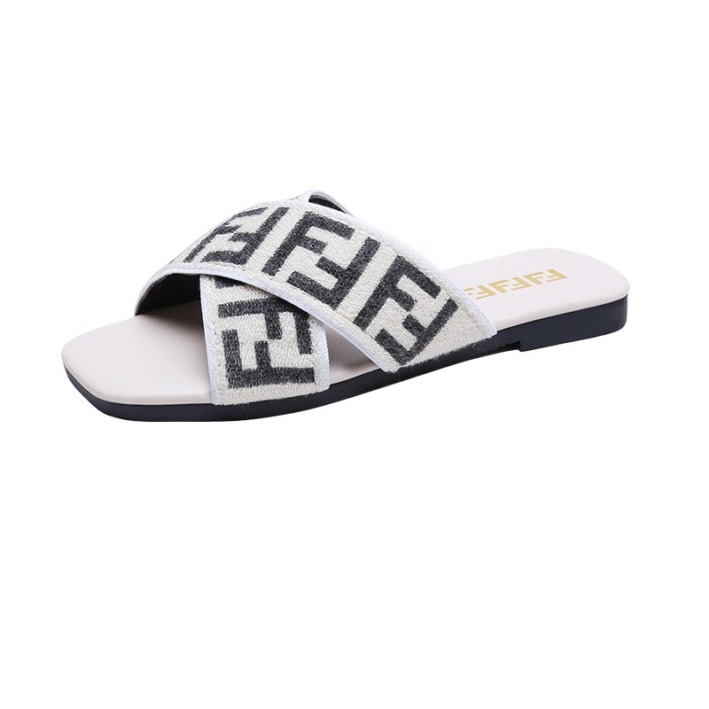 Sandals Women's 20 Summer New Korean Style Square Head Flat Bottom Elastband Cross Slippers Flat Heel Slide Slide Sandals Women
