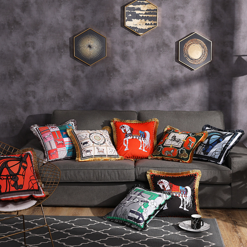 High-end European-style Digital Printing Tassel Cushion Living Room Bedside Office Model Room Car Decoration Pillow