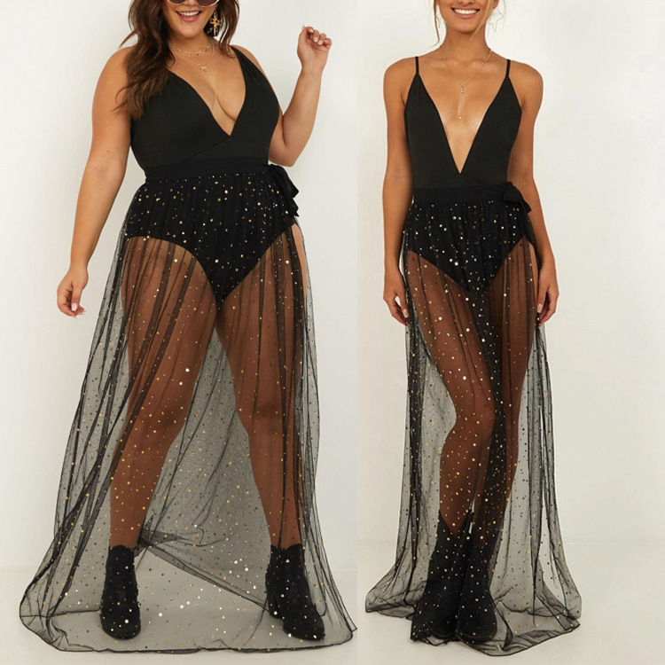 Amazon Hot Sale European and American Large Size Sexy Sequin Mesh Skirt Side Slit Lace-Up Skirt SU1724