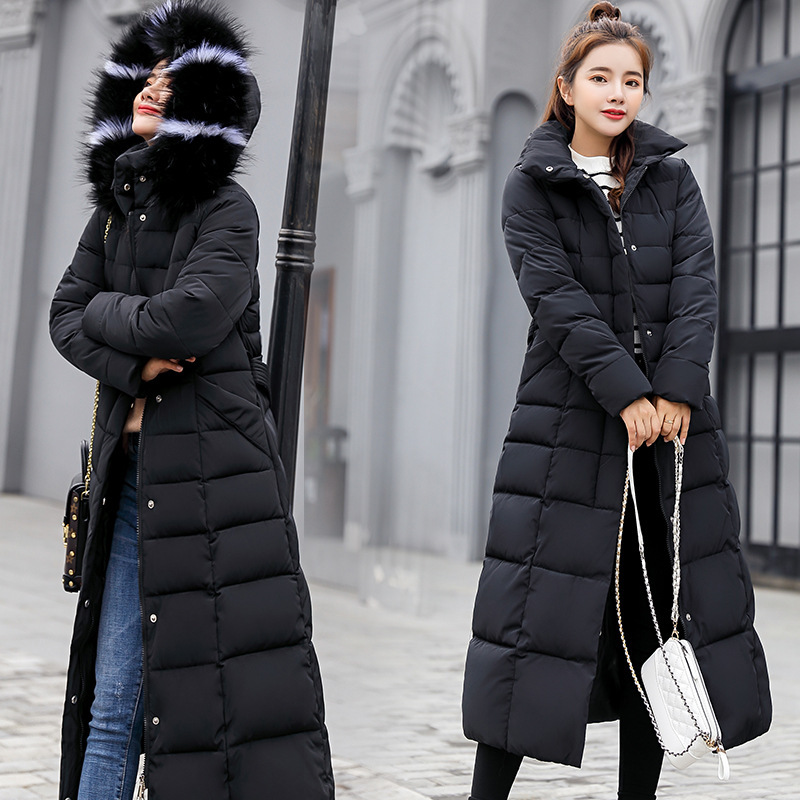 European and American Plus Size Cotton-padded Coat Women's 2022 Winter New Korean Style Wool Collar Cotton-padded Coat Women's Long Slim-fit Thickened Cotton-padded Coat