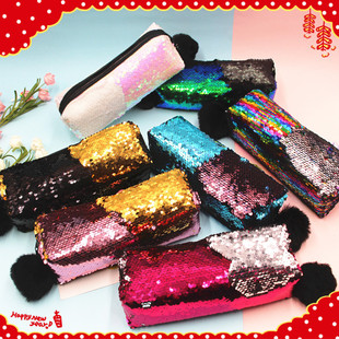 Cross-Border explosion new fur ball two-color sequin pencil case stationery student cosmetic bag lady mermaid sequin storage bag