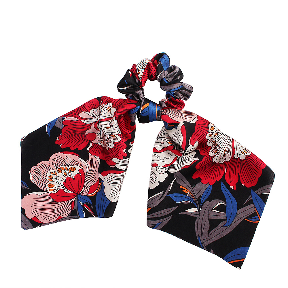 Qiyue cross-border Europe and the United States big flower satin printed silk scarf fashion large intestine hair ring ponytail hair accessories wholesale
