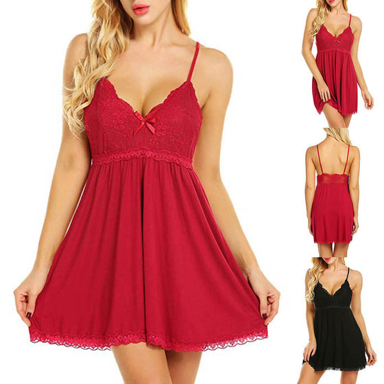 Foreign Trade European and American Lace Lingerie Women's Perspective Pajamas Nightwear Fat Girl's Large Size Sling Dress Set 1369