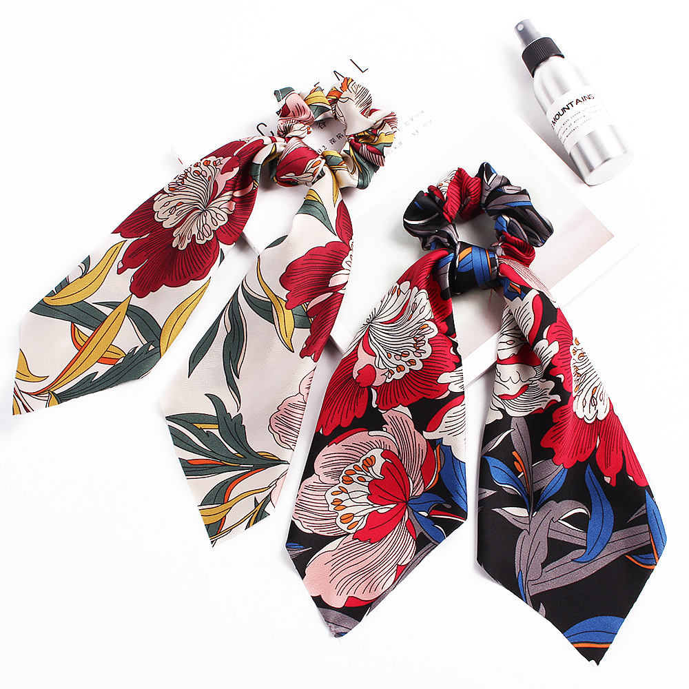 Qiyue cross-border Europe and the United States big flower satin printed silk scarf fashion large intestine hair ring ponytail hair accessories wholesale