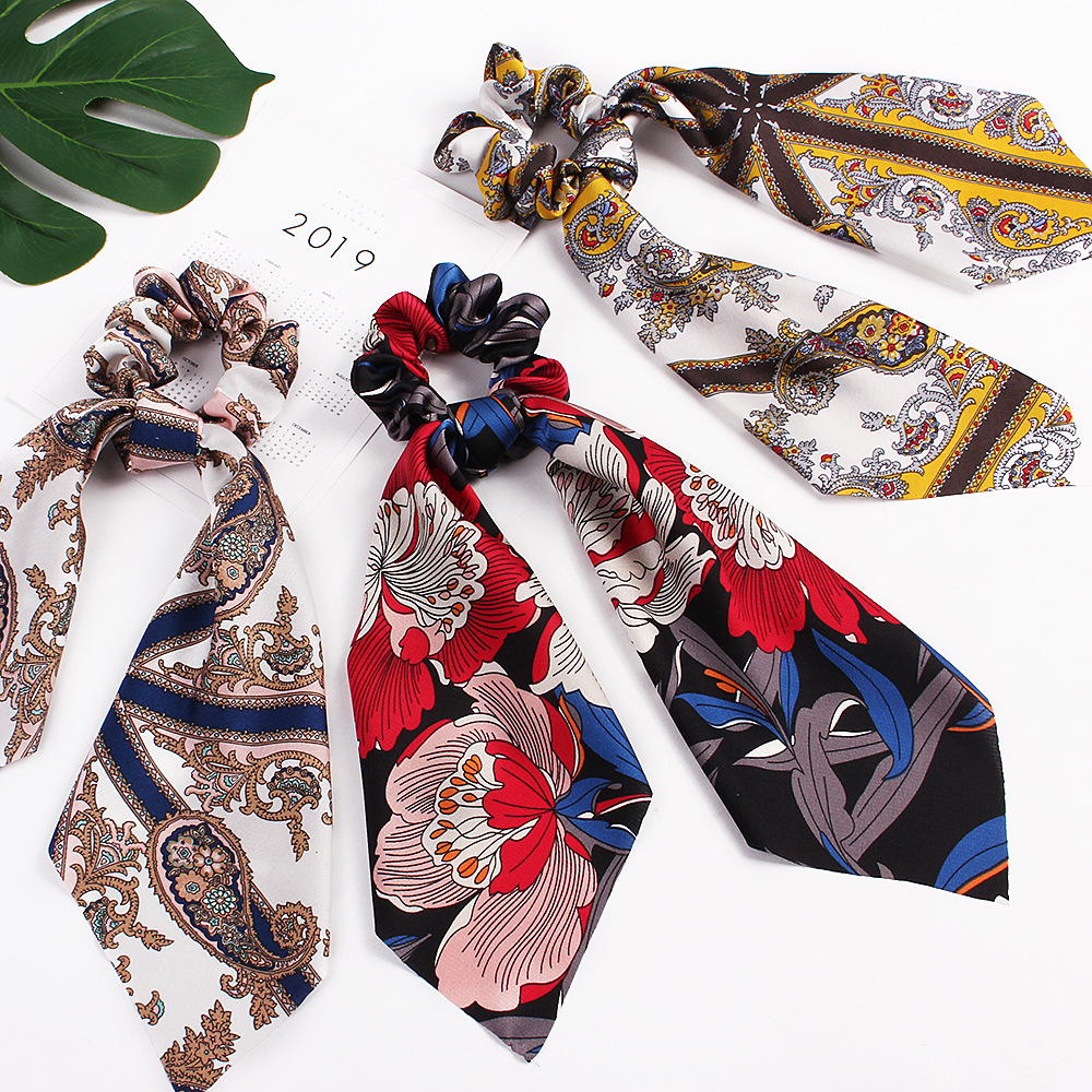 Qiyue cross-border Europe and the United States big flower satin printed silk scarf fashion large intestine hair ring ponytail hair accessories wholesale