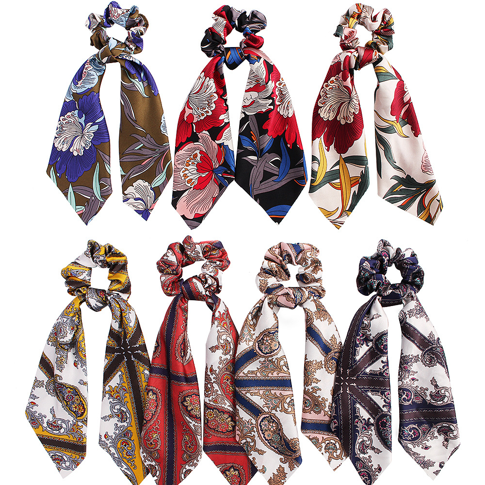 Qiyue cross-border Europe and the United States big flower satin printed silk scarf fashion large intestine hair ring ponytail hair accessories wholesale