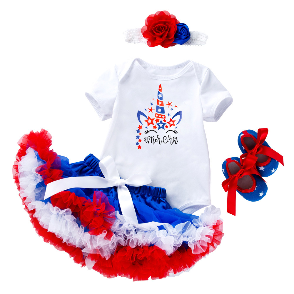 Independence Day New 0-2 Year Old Baby Short-sleeved Cartoon Ha-Tutu Dress Shoes Four-piece Foreign Trade Children's Clothing