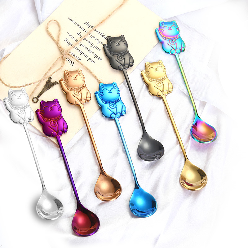 Creative 304 stainless steel spoon cartoon lucky cat Spoon gift coffee mixing spoon ice cream dessert spoon