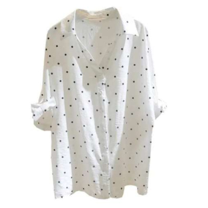 With Cotton 85% 2024 Summer Korean Style White Polar Dot Shirt Women's Wear Mid-Sleeve Loose Casual Cotton Linen V-Neck Shirt