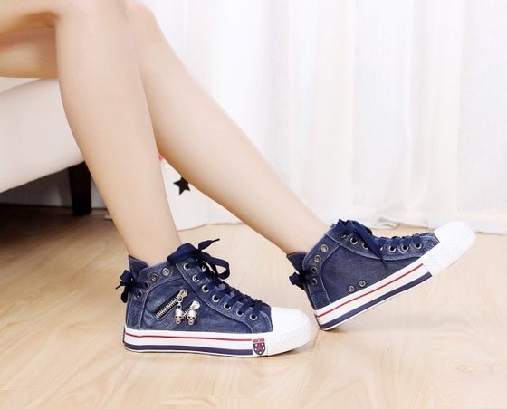 Denim High-top Canvas Shoes Women's Korean-style Casual Shoes 2024 Spring and Autumn New Retro Large Size Board Shoes Zipper