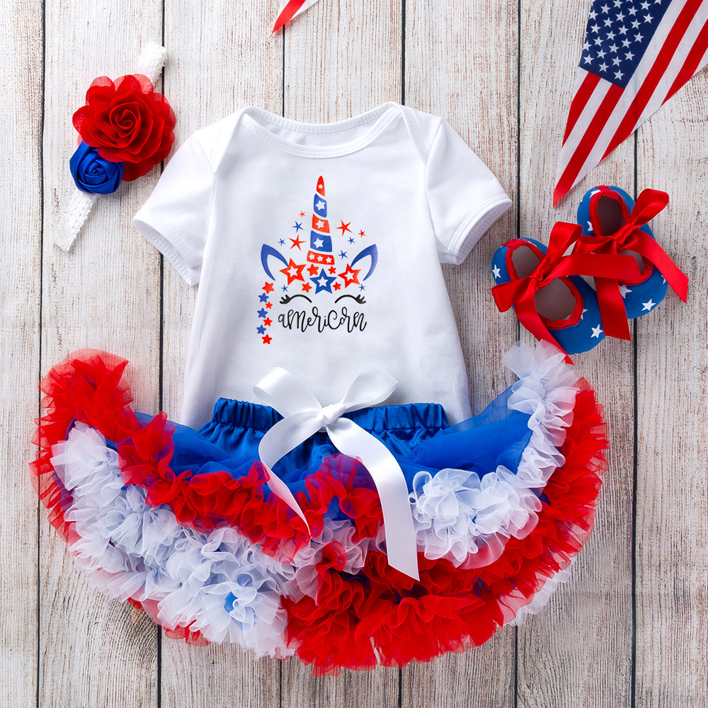 Independence Day New 0-2 Year Old Baby Short-sleeved Cartoon Ha-Tutu Dress Shoes Four-piece Foreign Trade Children's Clothing