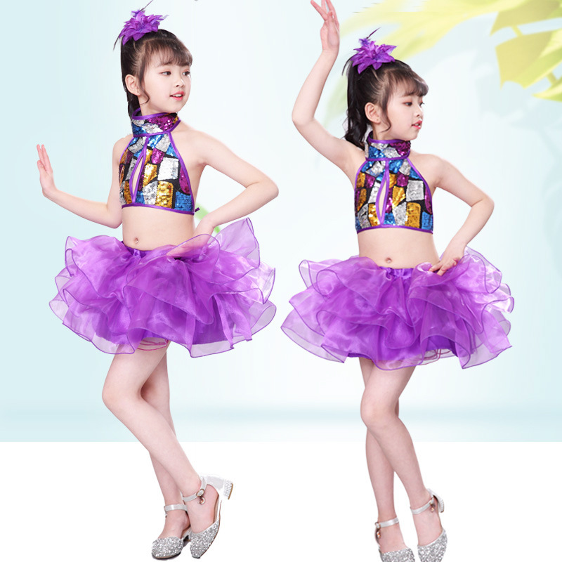 六一の子供の公演服の女の子のジャズダンスのスパンコールの蓬蓬のスカートの女の子のダンス服の子供の現代ダンスの公演服|undefined