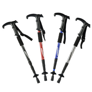 Ultra-light aluminum alloy shock absorber four-section T-shaped curved handle mountaineering stick walking stick outdoor hiking travel supplies ski stick