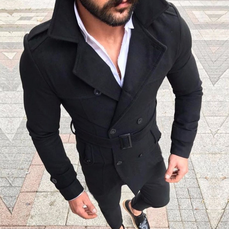 Autumn 2019 Amazon Men's Woolen Coat Lapel Double-breasted Casual Trenchcoat Woolen Coat with Belt