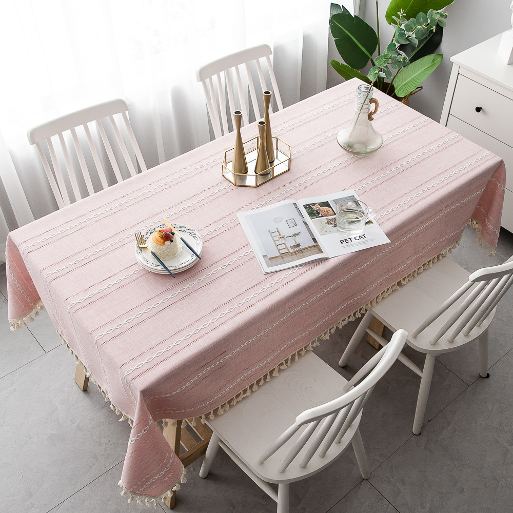Cross-border Nordic Christmas tablecloth hollow tassel tablecloth solid color long striped jacquard tablecloth coffee table cushion cotton and linen