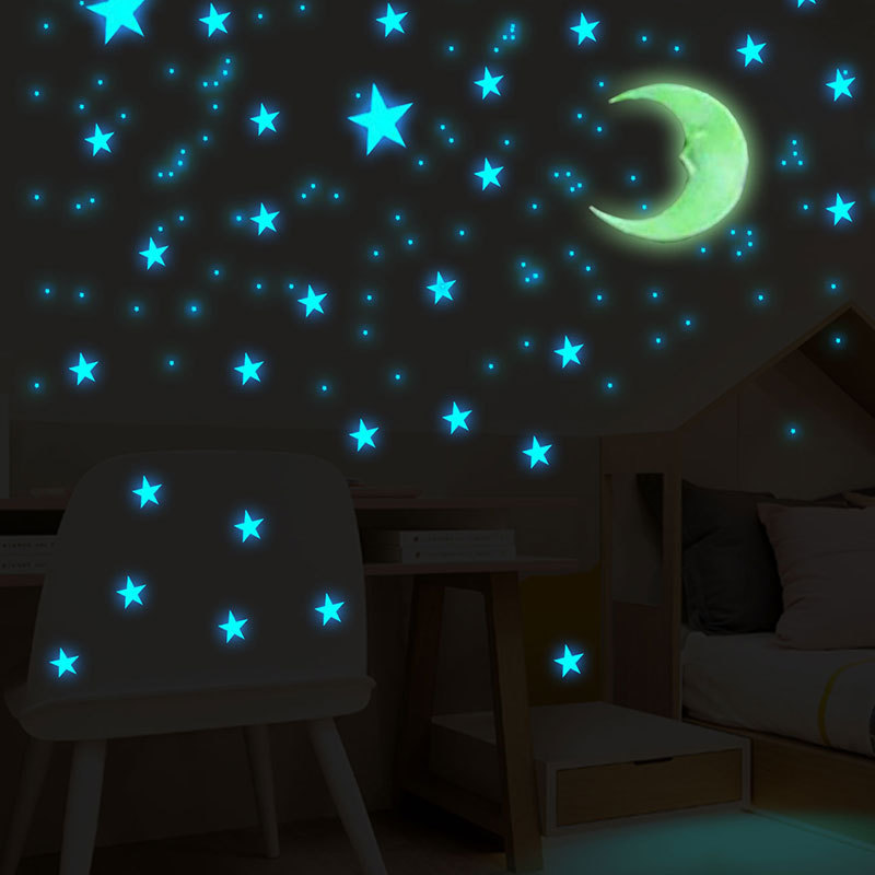 夜光 深蓝星星黄色月亮套装墙贴 塑料星星荧光贴儿童房家居装饰品