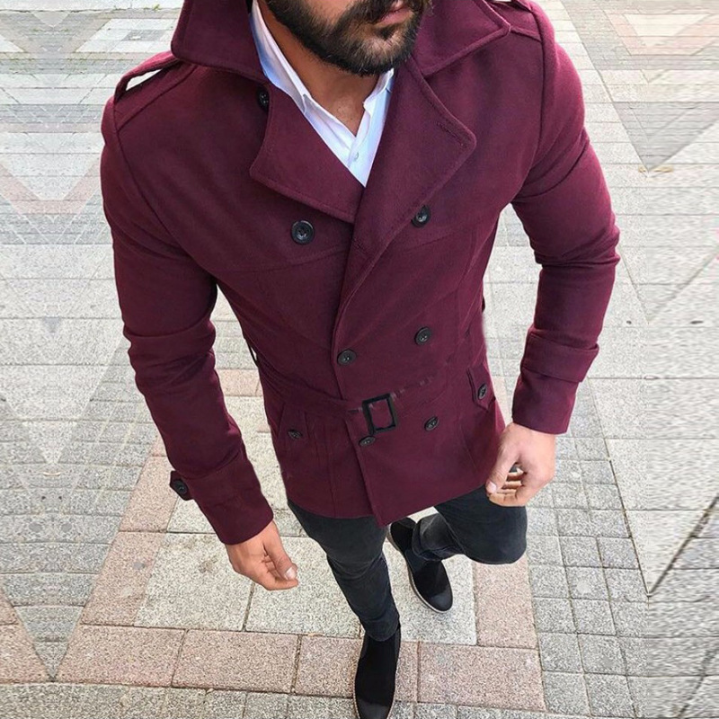 Autumn 2019 Amazon Men's Woolen Coat Lapel Double-breasted Casual Trenchcoat Woolen Coat with Belt