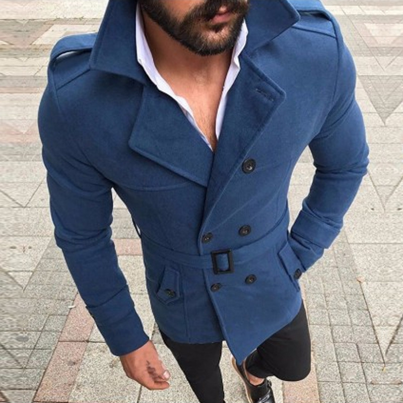 Autumn 2019 Amazon Men's Woolen Coat Lapel Double-breasted Casual Trenchcoat Woolen Coat with Belt