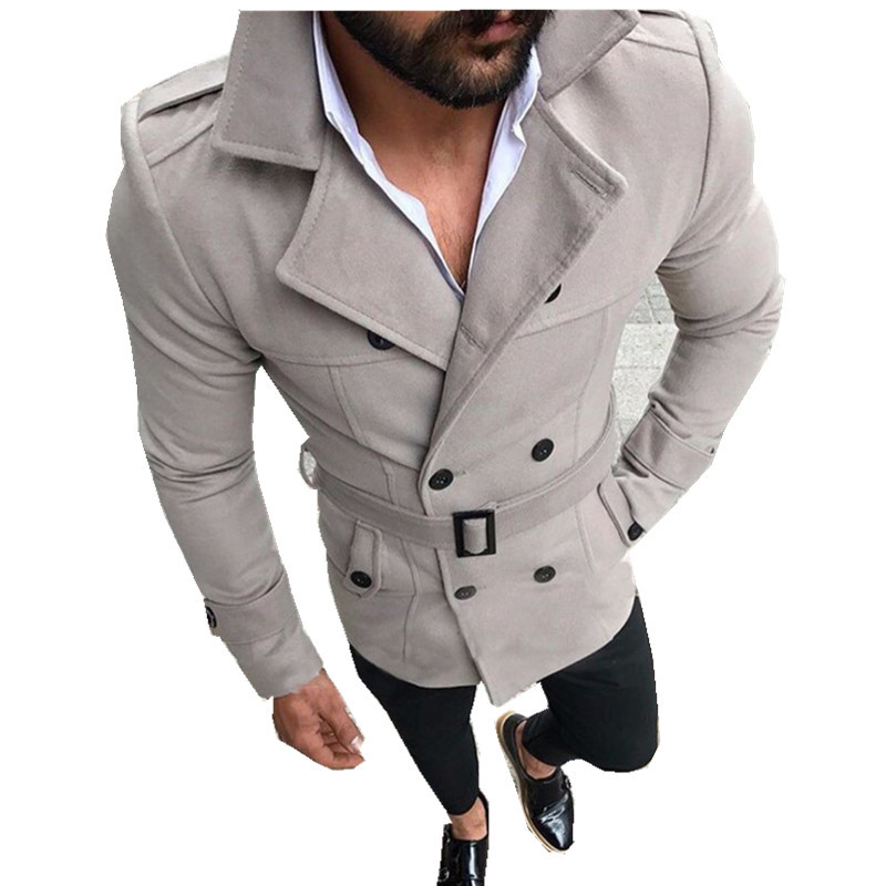 Autumn 2019 Amazon Men's Woolen Coat Lapel Double-breasted Casual Trenchcoat Woolen Coat with Belt