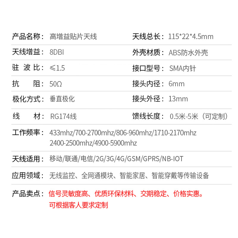 4G貼片天線全網通智能水錶3G 4G GPRS GSMnb-iot2.4wfi高增益車載