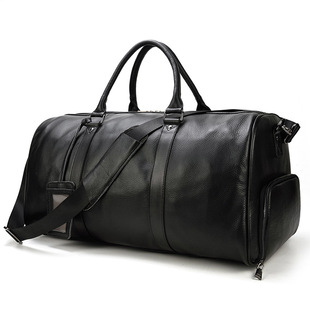 Men's leather travel bag Black fitness bag with shoes waterproof handbag top layer cowhide messenger bag shoulder bag