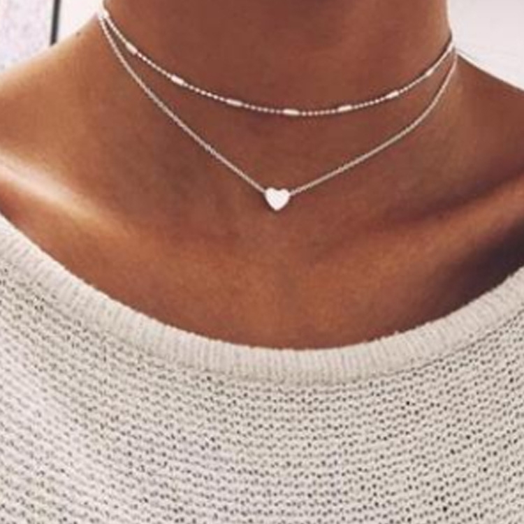 Europe and the United States cross-border jewelry simple fashion women's necklace copper double peach heart multi-layer clavicle necklace sweater chain wholesale