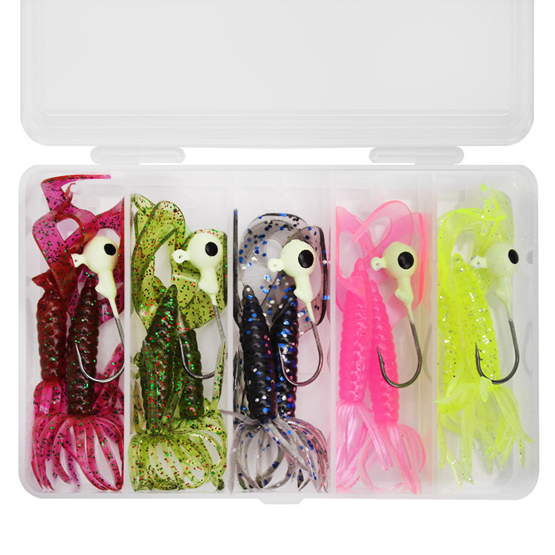 Wei and umbrella bionic soft maggot 7cm1.8g double tail flower head with lead head hook set boxed Luya soft bait wholesale