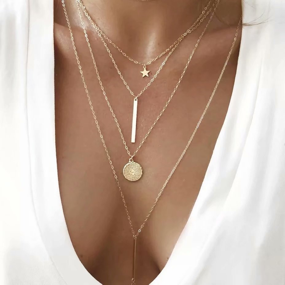 Hot-selling Necklace Creative Retro Simple Star Round Vertical Strip Pendant Multi-layer Stacked Collarbone Chain_voghion.com