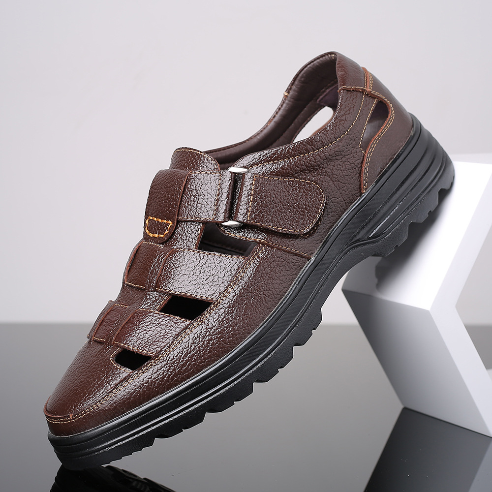 2023 spring and summer new leather casual men's sandals hook and loop breathable flat heel men's shoes a generation of hair