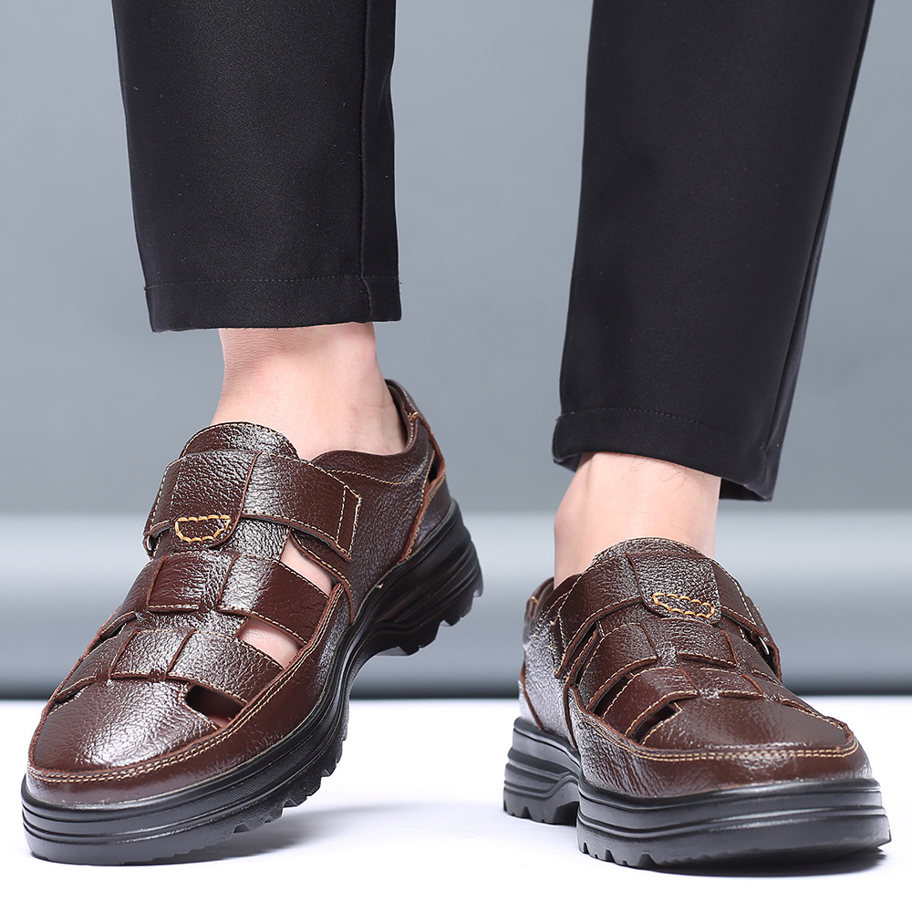 2023 spring and summer new leather casual men's sandals hook and loop breathable flat heel men's shoes a generation of hair