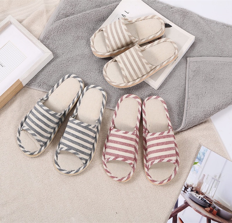 Factory direct sales four seasons home soft striped linen slippers men's cotton and linen home sandals and slippers women one piece drop shipping