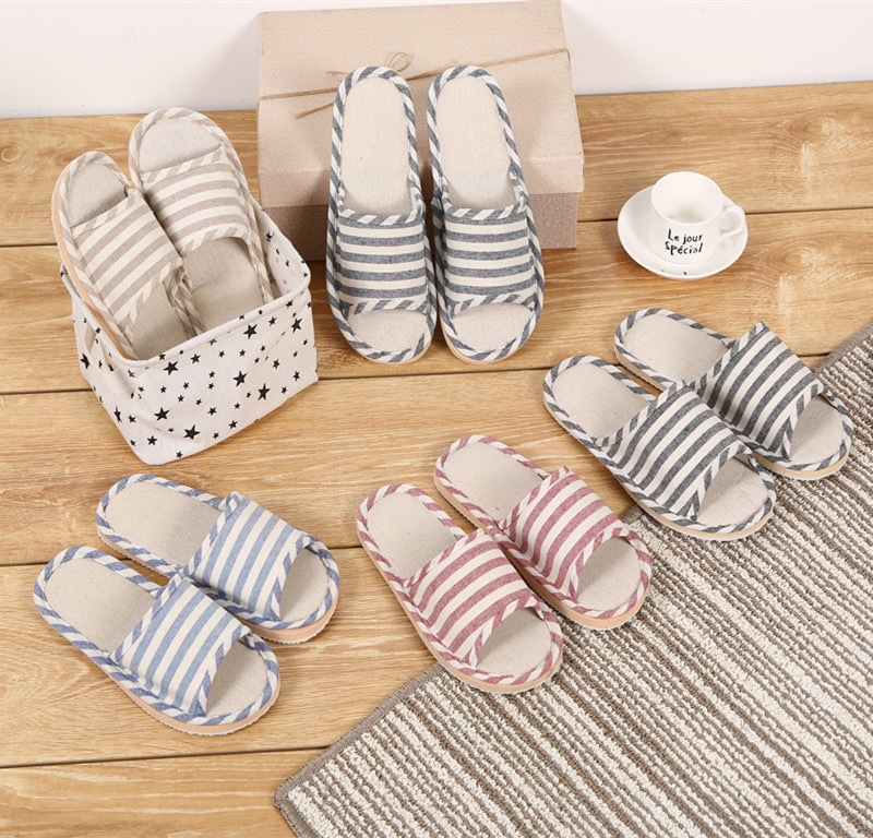 Factory direct sales four seasons home soft striped linen slippers men's cotton and linen home sandals and slippers women one piece drop shipping