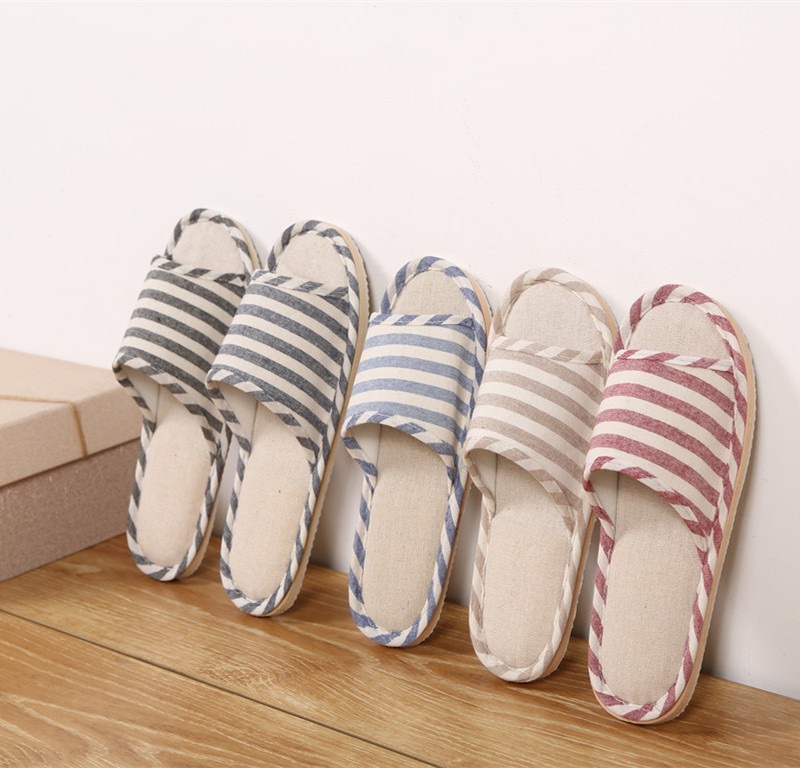 Factory direct sales four seasons home soft striped linen slippers men's cotton and linen home sandals and slippers women one piece drop shipping