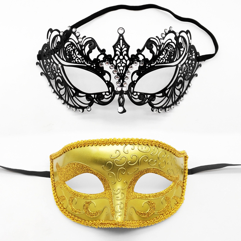 Venetian Masquerade Iron Mask Party Metallic Diamond Iron Mask Set Black Eye Mask Halloween