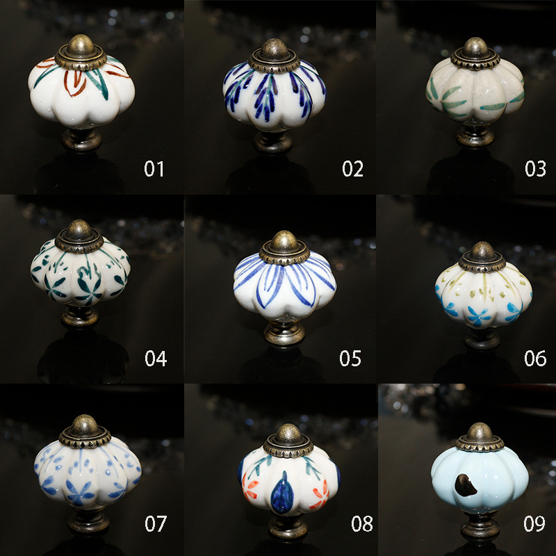 Chinese classical style hand-painted ceramic blue and white porcelain pumpkin handle classical door handle twist drawer cabinet single hole handle