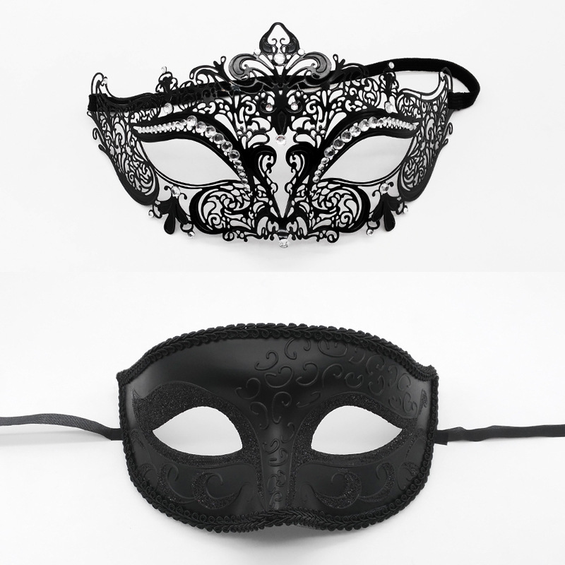 Venetian Masquerade Iron Mask Party Metallic Diamond Iron Mask Set Black Eye Mask Halloween